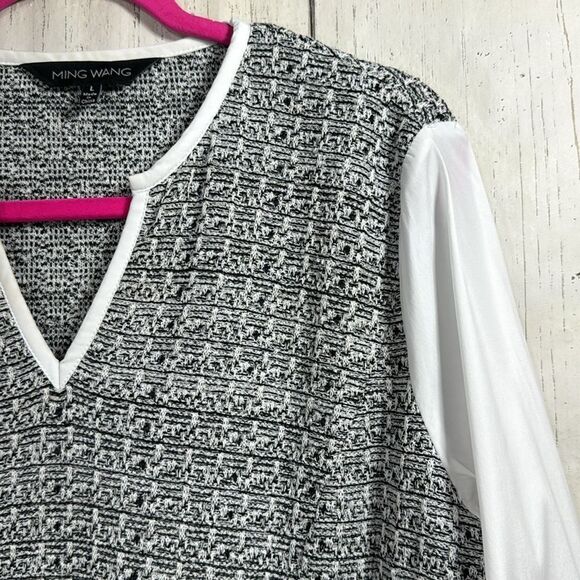 Ming Wang Tweed Knit Shift Dress with White Sleeves Size L Classic Workwear - Picture 4 of 16